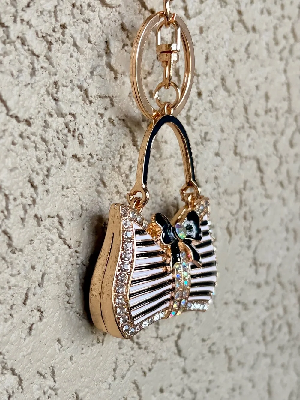 Posh Gold-tone Rhinestone Black & White Striped Purse Keychain